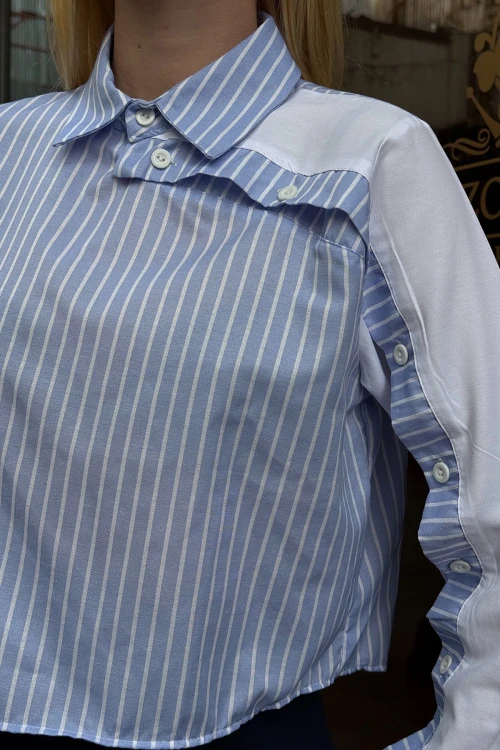 Mavi Özel Tasarım Yaka Kol Düğmeli Çizgi Garnili Crop Boy Bluz Gömlek BC241172