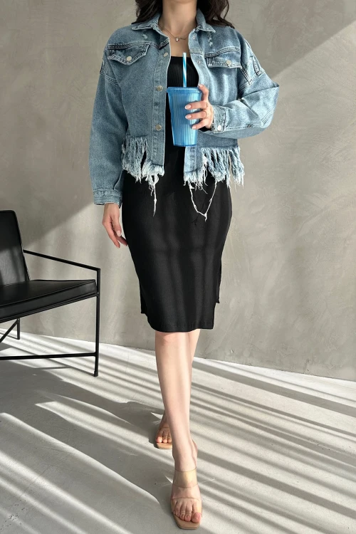 Mavi Püskül Ve Eskitme Detaylı Yazlık Denim Jean Ceket BCDF-255418