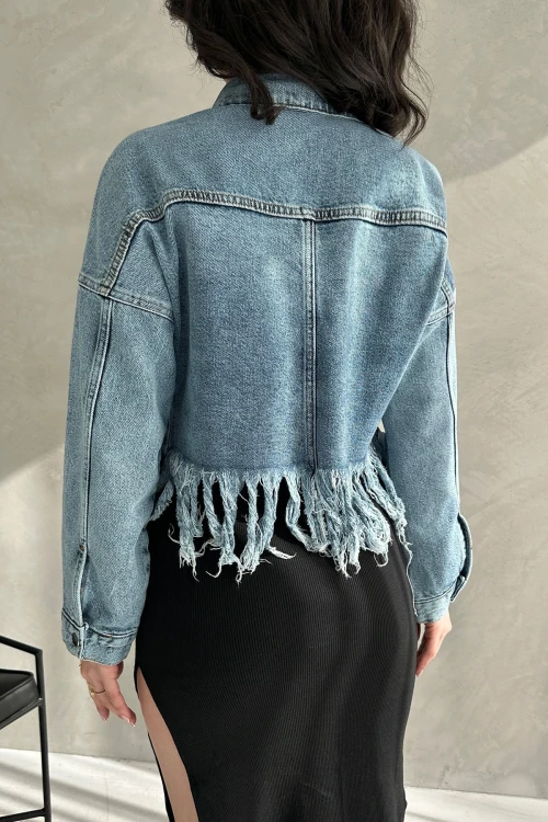 Mavi Püskül Ve Eskitme Detaylı Yazlık Denim Jean Ceket BCDF-255418