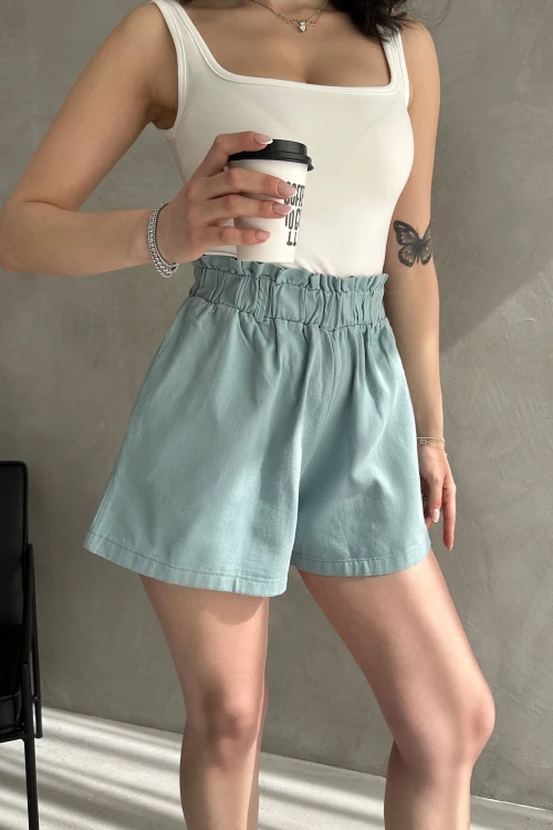 Mavi Rahat Kesim Beli Büzgülü Cepli Şort BCDF-233304