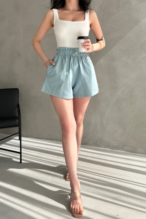 Mavi Rahat Kesim Beli Büzgülü Cepli Şort BCDF-233304