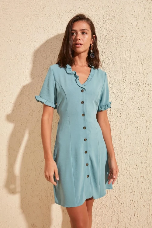 Mint V Yaka Düğmeli Gömlek Elbise BCBSK-25700-K5168