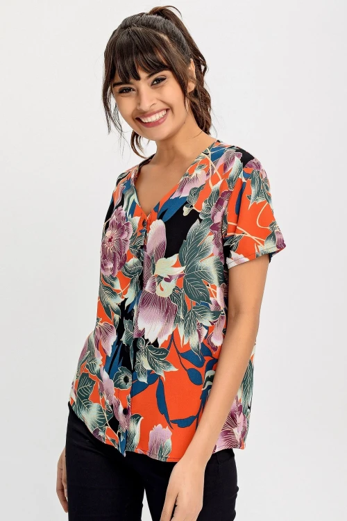 Mor Çiçekli V Yaka Desenli Bluz BCBSK-25700-H5030