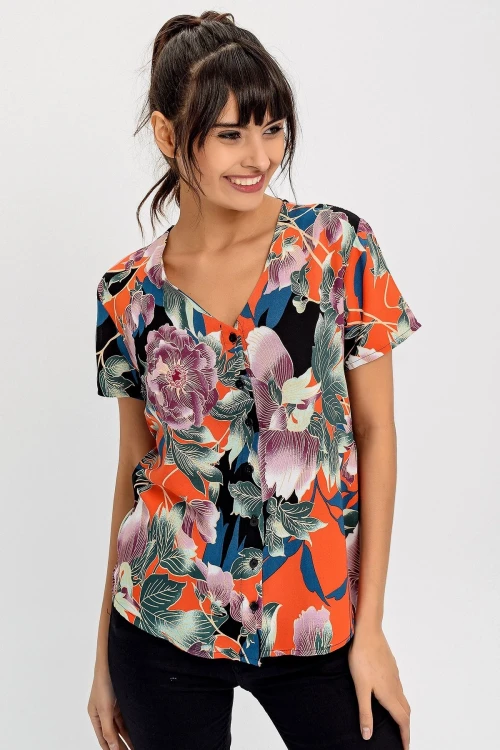 Mor Çiçekli V Yaka Desenli Bluz BCBSK-25700-H5030