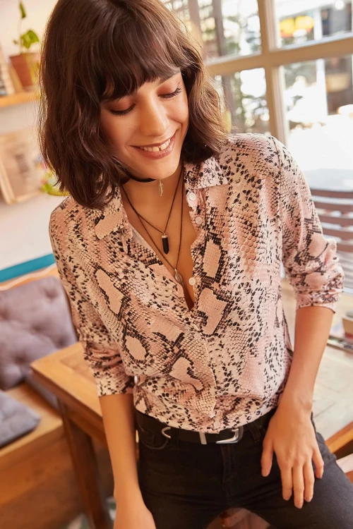 Pudra Desenli Uzun Kol Gömlek BCBSK-25700-K4921