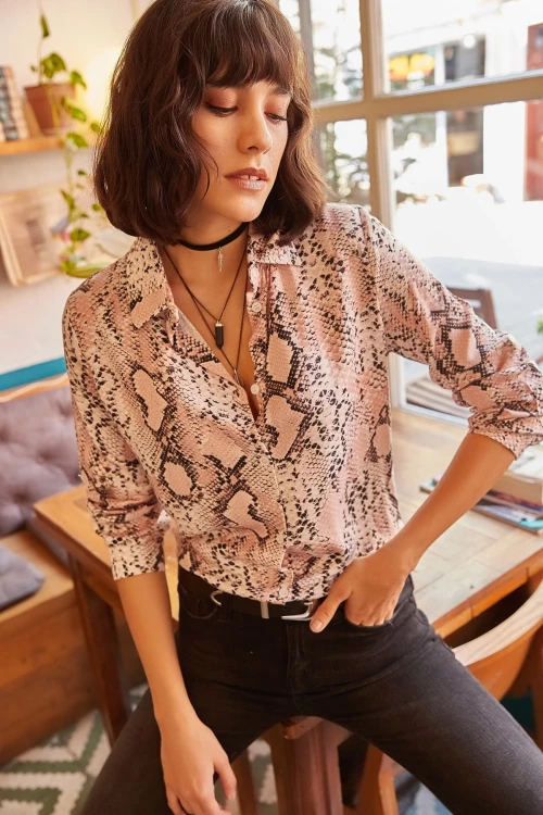 Pudra Desenli Uzun Kol Gömlek BCBSK-25700-K4921