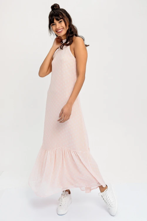 Pudra Halter Yaka Puantiyeli Kolsuz Uzun Elbise BCBSK-25650-2327