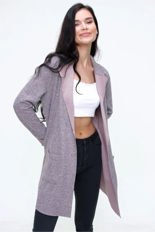 Pudra Kendinden Dokulu Cepli Uzun Ceket  BCBSK-25700-3010