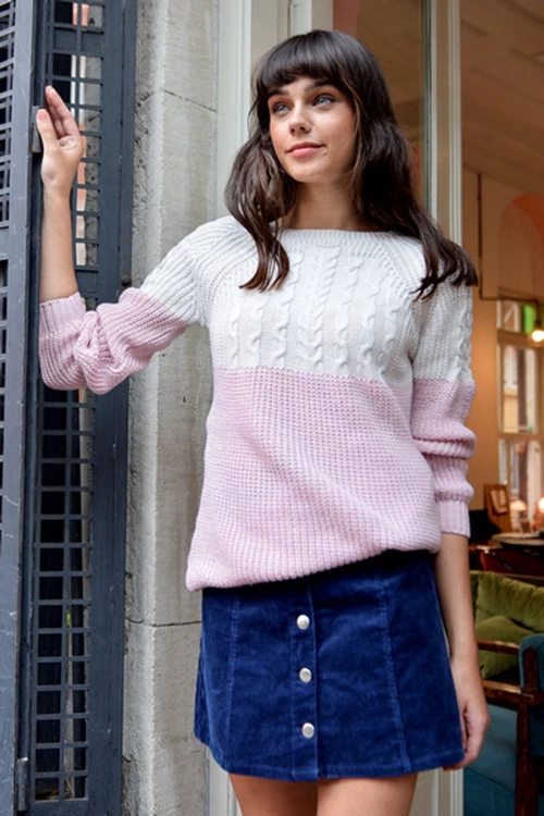 Pudra Modern Stil Örgü Motifli Kazak BCBSK-25700-K1008