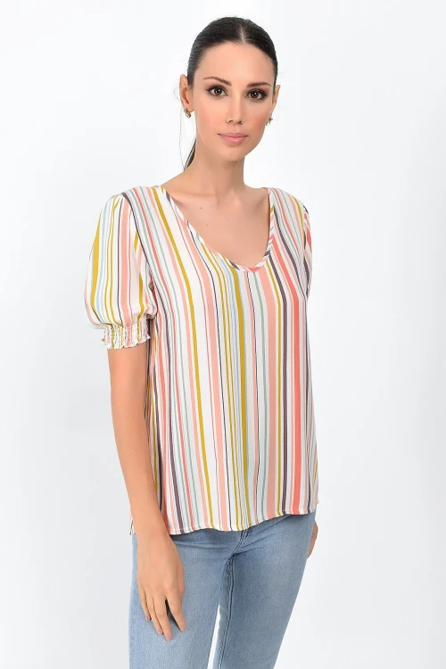 Renkli Çizgili V Yaka Kol Ağzı Gipeli Kısa Kol Bluz CO-259363011