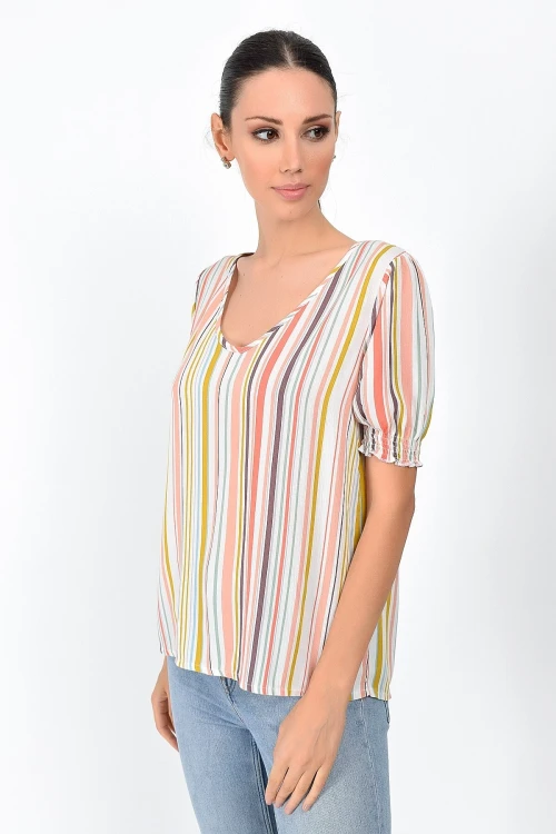 Renkli Çizgili V Yaka Kol Ağzı Gipeli Kısa Kol Bluz CO-259363011