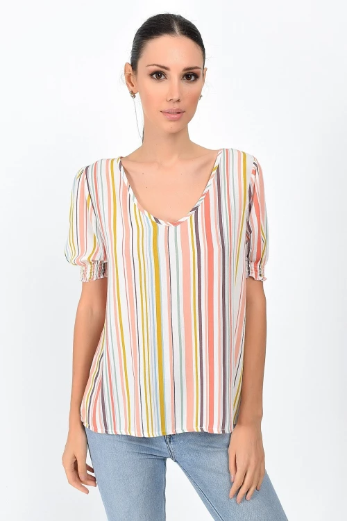 Renkli Çizgili V Yaka Kol Ağzı Gipeli Kısa Kol Bluz CO-259363011