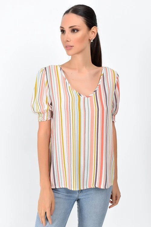 Renkli Çizgili V Yaka Kol Ağzı Gipeli Kısa Kol Bluz CO-259363011