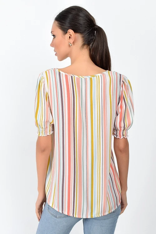 Renkli Çizgili V Yaka Kol Ağzı Gipeli Kısa Kol Bluz CO-259363011