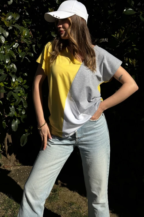 Sarı Color Block Salaş T-Shirt BCBSK-25700-3207