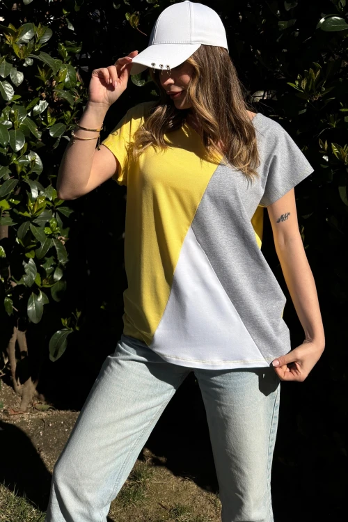 Sarı Color Block Salaş T-Shirt BCBSK-25700-3207