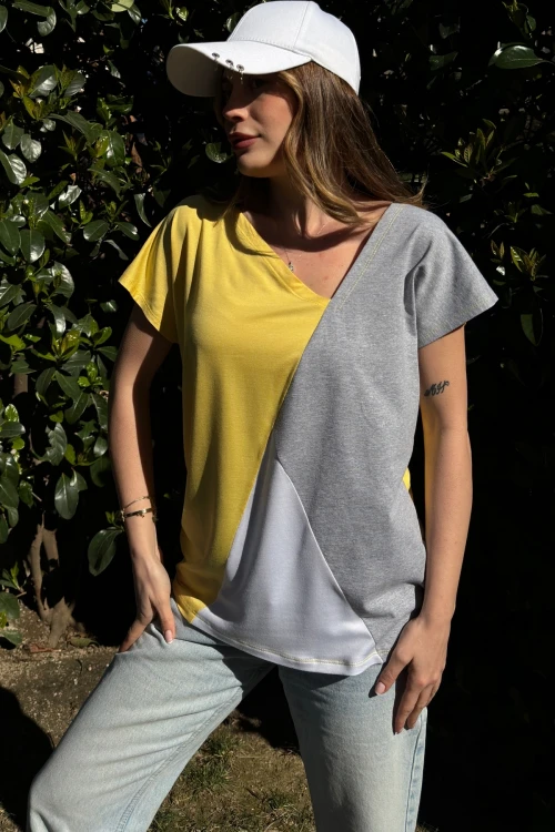 Sarı Color Block Salaş T-Shirt BCBSK-25700-3207
