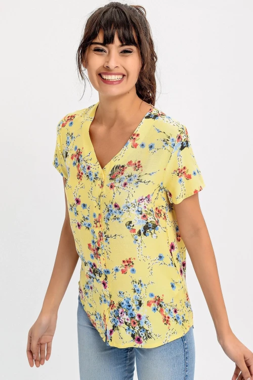 Sarı V Yaka Desenli Bluz BCBSK-25700-H5030