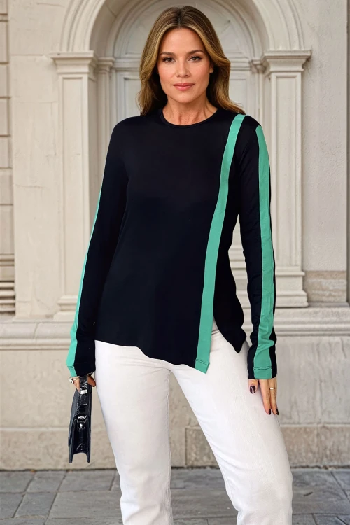 Siyah Asimetrik Kesim Şerit Detaylı Salaş Bluz BCBSK-25700-3586