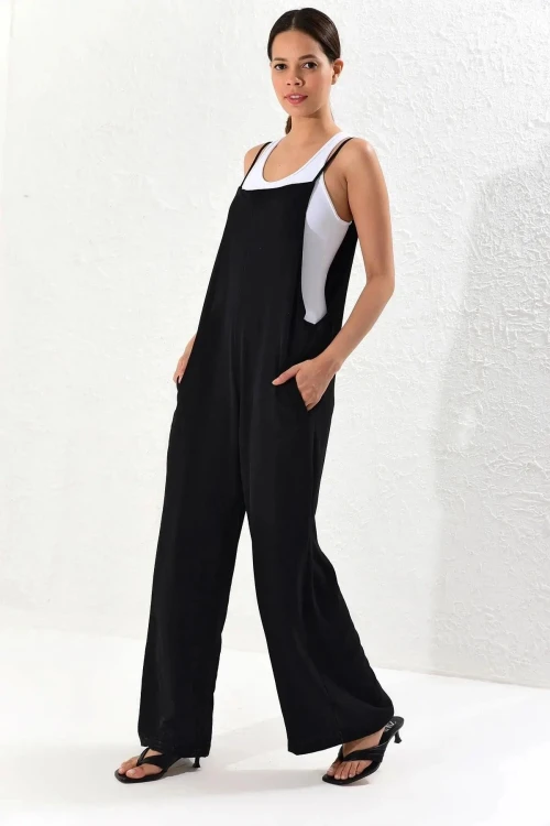 Siyah Askılı Çift Cepli Maxi Boy Rahat Kesim Tulum BCBSK-25700-K5448