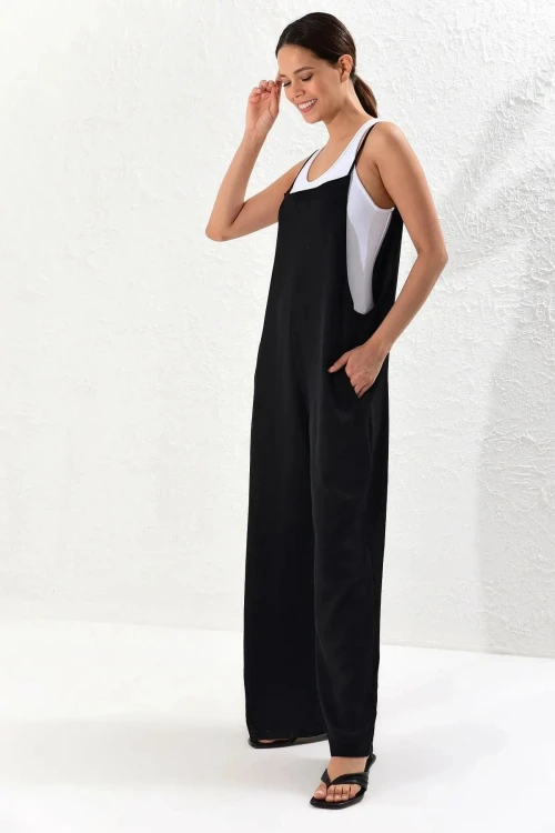 Siyah Askılı Çift Cepli Maxi Boy Rahat Kesim Tulum BCBSK-25700-K5448