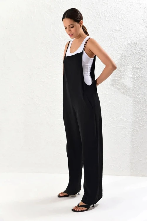 Siyah Askılı Çift Cepli Maxi Boy Rahat Kesim Tulum BCBSK-25700-K5448