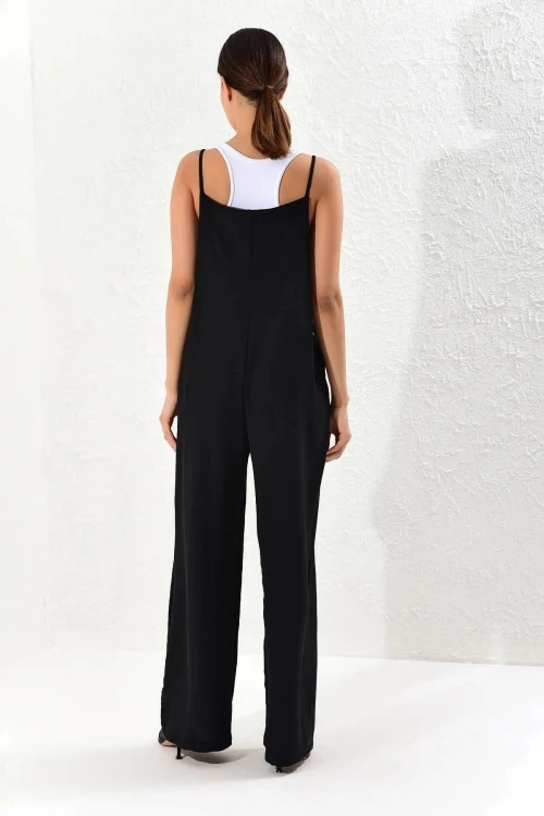 Siyah Askılı Çift Cepli Maxi Boy Rahat Kesim Tulum BCBSK-25700-K5448