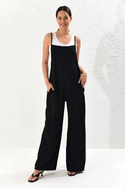 Siyah Askılı Çift Cepli Maxi Boy Rahat Kesim Tulum BCBSK-25700-K5448