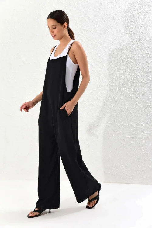Siyah Askılı Çift Cepli Maxi Boy Rahat Kesim Tulum BCBSK-25700-K5448