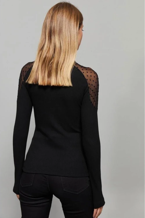 Siyah Balıkçı Yaka Dantel Detaylı Bluz BCBSK-25700-K7009