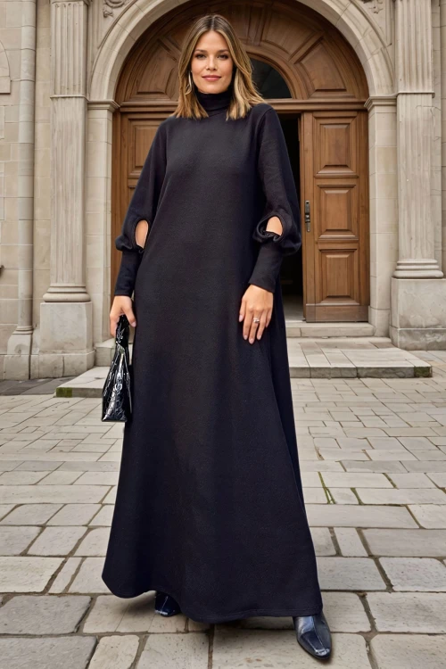 Siyah Balıkçı Yaka Triko Elbise BCBSK-25700-3444