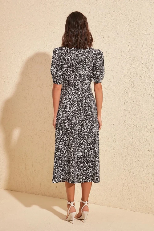 Siyah Beli Bağlamalı Kısa Kol Gömlek Elbise BCBSK-25700-K5174