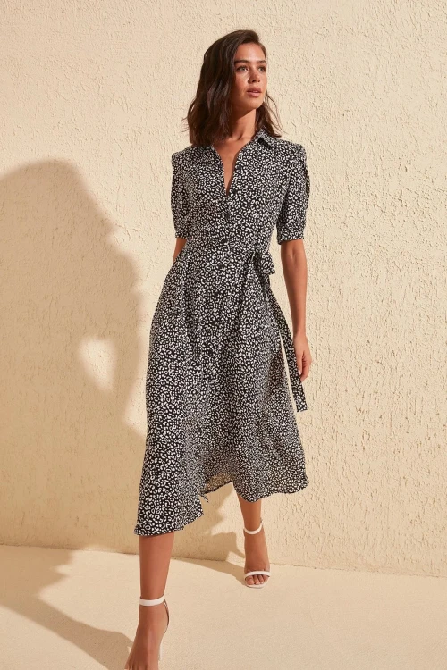 Siyah Beli Bağlamalı Kısa Kol Gömlek Elbise BCBSK-25700-K5174