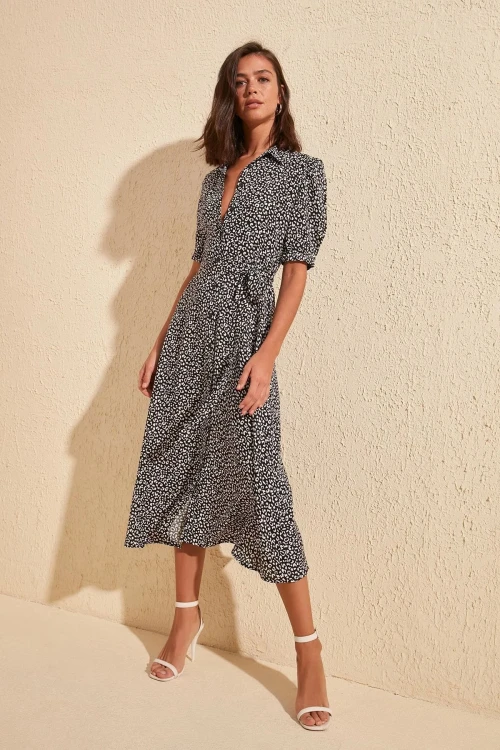 Siyah Beli Bağlamalı Kısa Kol Gömlek Elbise BCBSK-25700-K5174