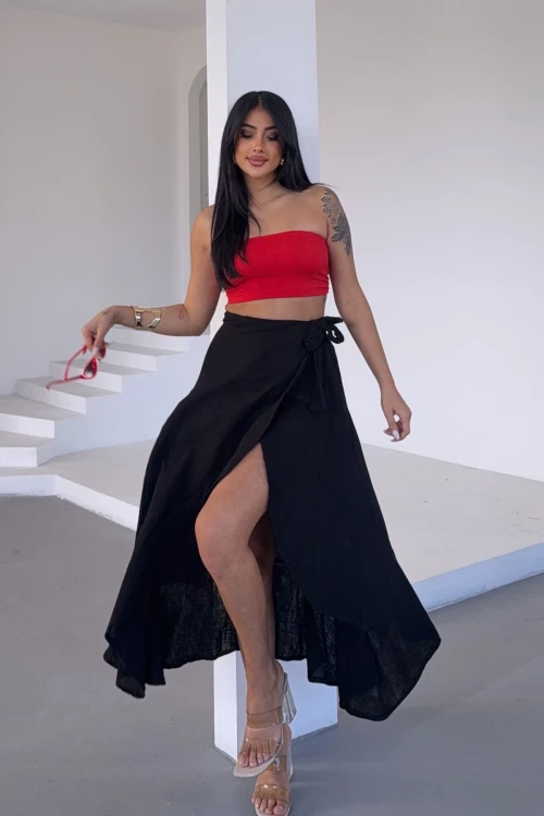 Siyah Beli Bağlamalı Volanlı Kloş Muslin Dokuma Etek BCBT-251006