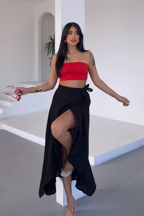 Siyah Beli Bağlamalı Volanlı Kloş Muslin Dokuma Etek BCBT-251006