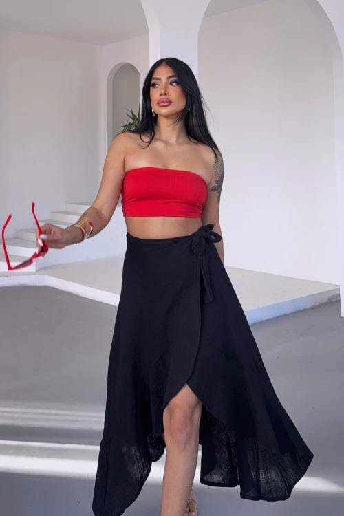 Siyah Beli Bağlamalı Volanlı Kloş Muslin Dokuma Etek BCBT-251006