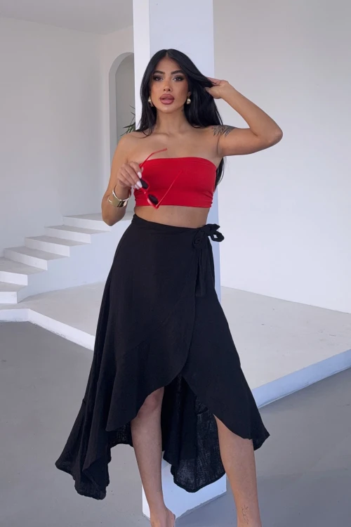 Siyah Beli Bağlamalı Volanlı Kloş Muslin Dokuma Etek BCBT-251006