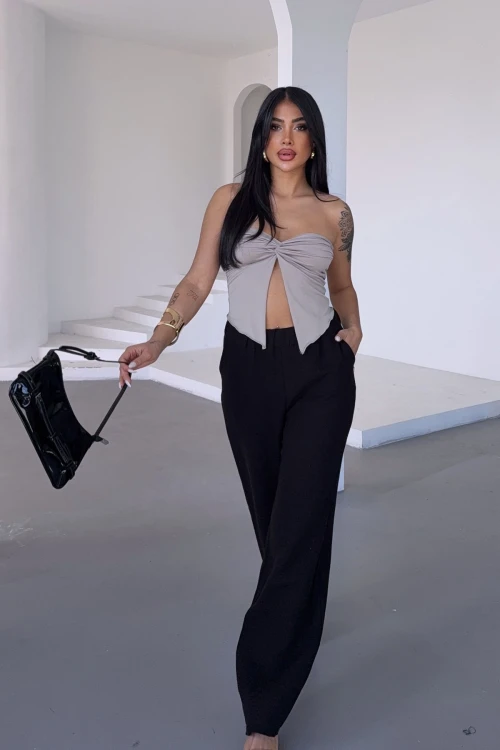 Siyah Beli Lastikli Muslin Dokuma Pantolon BCBT-251007