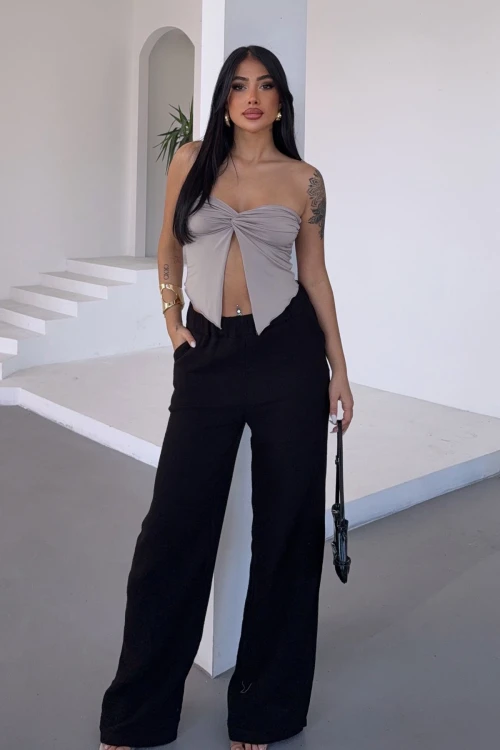 Siyah Beli Lastikli Muslin Dokuma Pantolon BCBT-251007