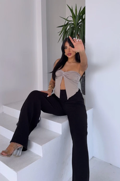 Siyah Beli Lastikli Muslin Dokuma Pantolon BCBT-251007