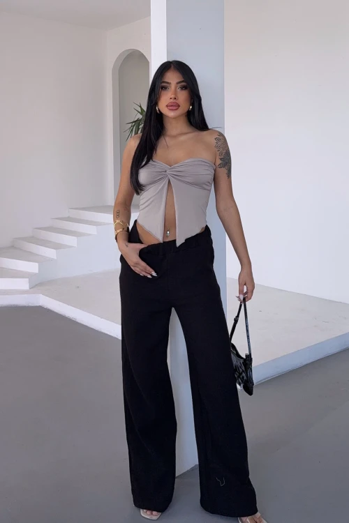 Siyah Beli Lastikli Muslin Dokuma Pantolon BCBT-251007