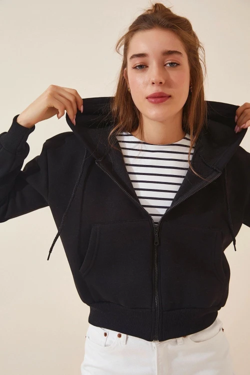 Siyah Çift Cepli Kapüşonlu Sweatshirt BCBSK-25700-K6433