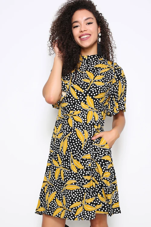 Siyah Desenli Kısa Kol Elbise BCBSK-25700-K5069