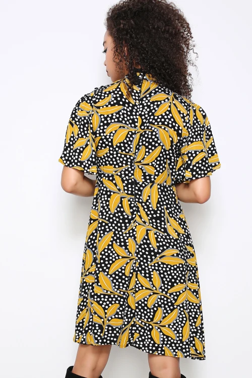 Siyah Desenli Kısa Kol Elbise BCBSK-25700-K5069