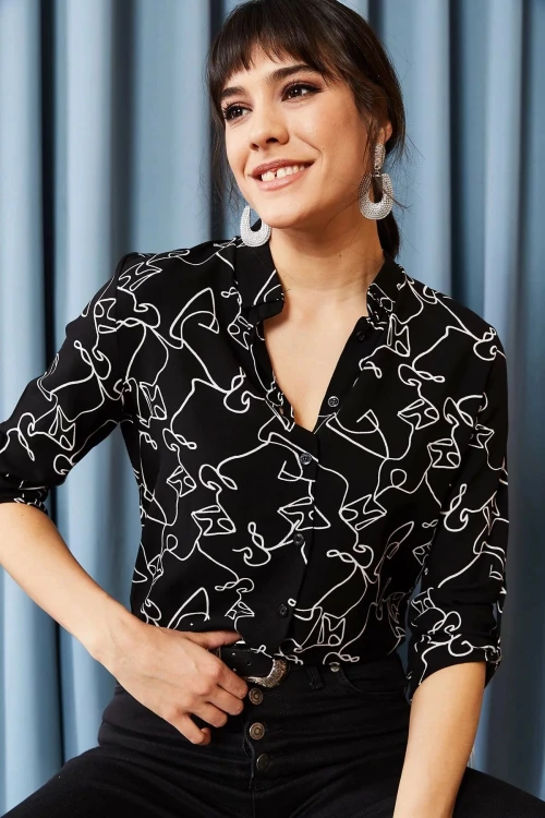 Siyah Desenli Uzun Kol Gömlek BCBSK-25700-K5117