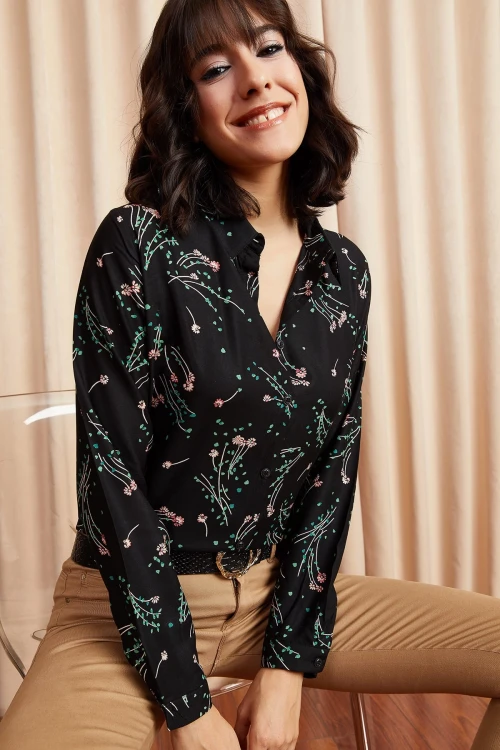 Siyah Desenli Uzun Kol Viscon Gömlek BCBSK-25700-K4922