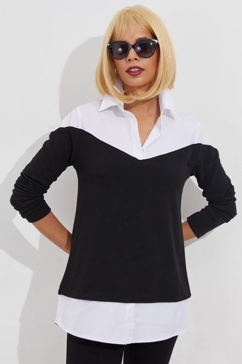 Siyah Gömlek Yaka Bloklu Bluz BCBSK-25700-K7348