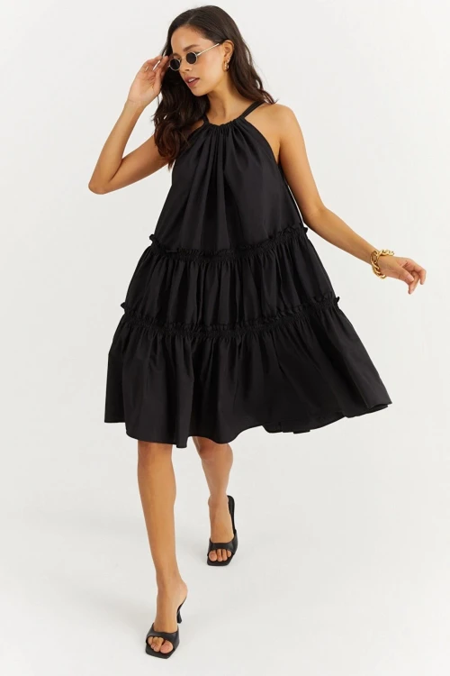 Siyah Halter Eteği Katlı Fırfırlı Poplin Kiloş Elbise BCBSK-25700-K7172