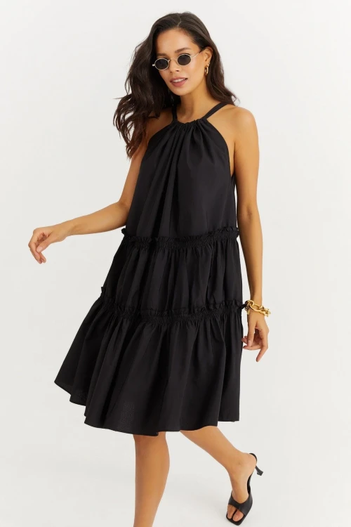 Siyah Halter Eteği Katlı Fırfırlı Poplin Kiloş Elbise BCBSK-25700-K7172